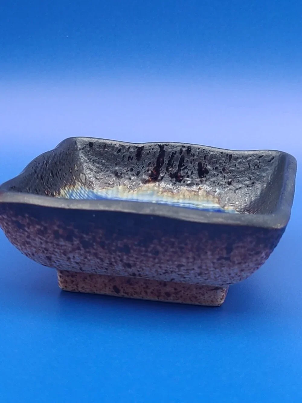 Kotobuki Japan Vintage Square Footed Crackled Trinket Dish BLUE 2.75" - Picture 3 of 9